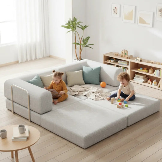 Moofu modular play sofa laid flat in a bright living room with two young children reading and building with blocks